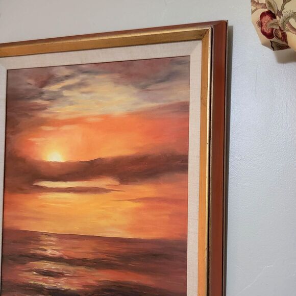 VTG 1973 Ocean Sunset Sea Landscape Oil Painting Frame 21 1/2" x 24 1/2" Red Sky - Picture 6 of 16